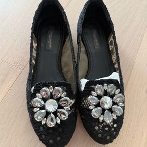 Dolce & Gabbana Black Lace Flats with Crystal Accents